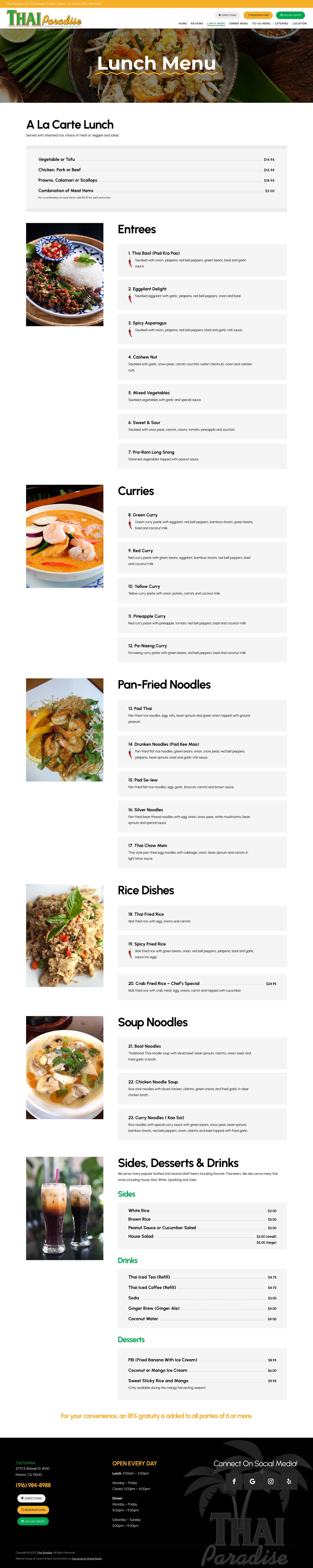 Thai Paradise Lunch Menu Page