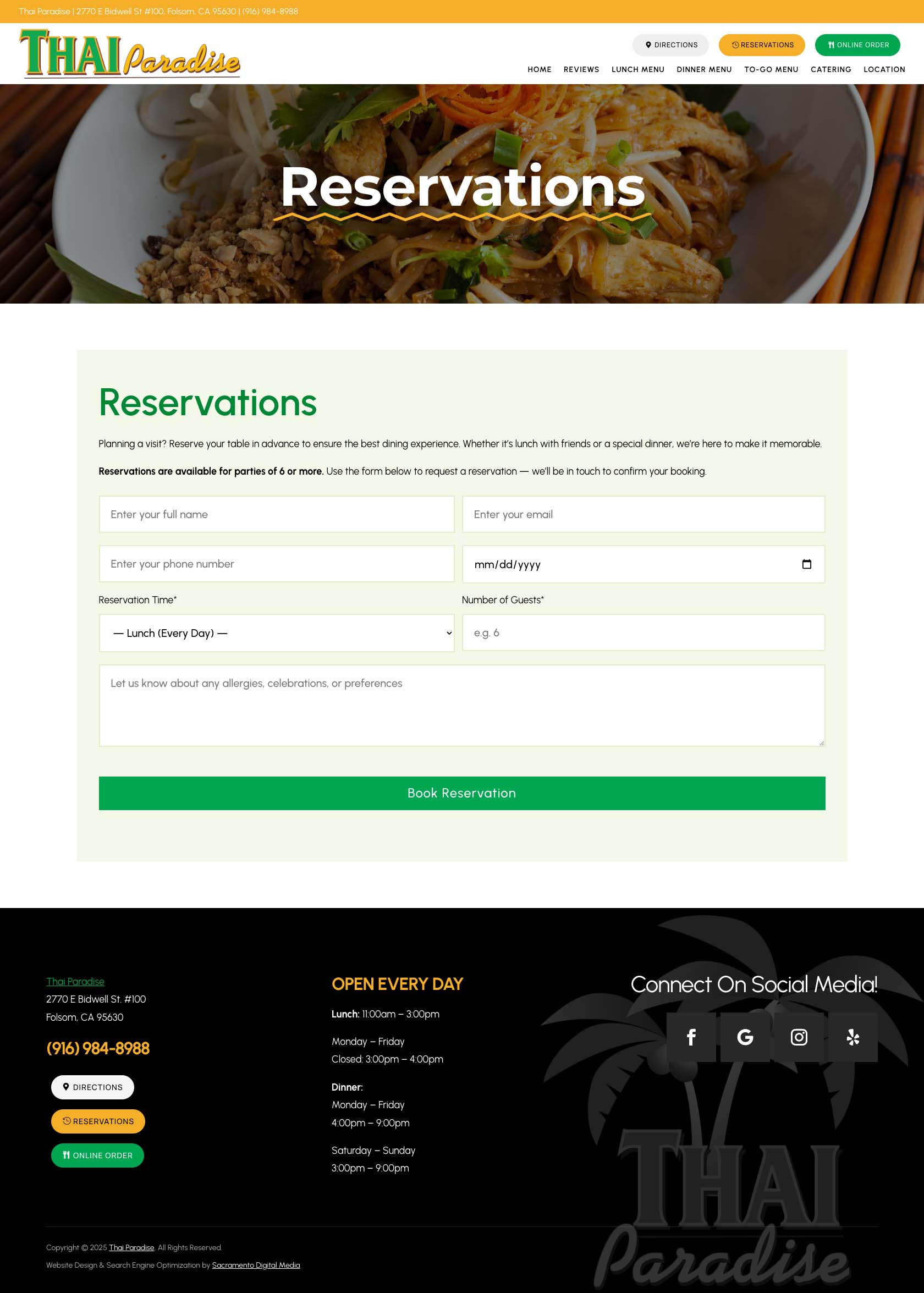 Thai Paradise Reservations Page